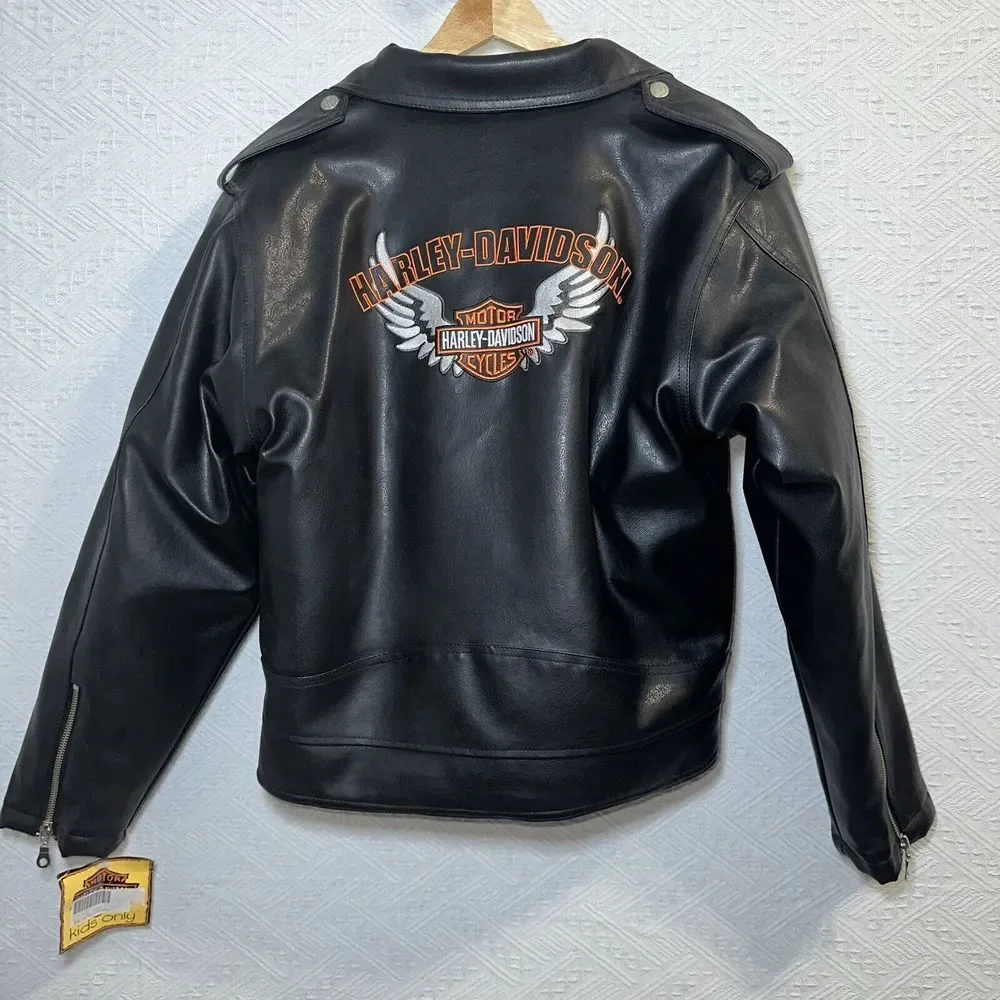 00s Harley Davidson Motor Cycles Faux Leather Motor Cycle Jacket Sz L 16-18 kids